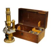 A mid 19th century French brass compound monocular microscope, by Nachet, Optician, Rue Serpente 16,