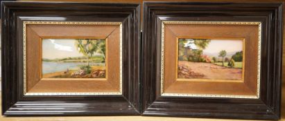 Camille Fauré (1874-1956), A pair of landscape scenes, signed lower right, enamels, framed, 13cm x