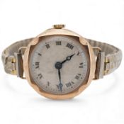 A lady's late 1920's 9ct gold manual wind wristwatch (a.f.), with sunburst Roman dial and unsigned