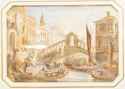 Attributed to Samuel Prout (1783-1852), 'Bridge of Rialto', unsigned, watercolour, 14 x 20cm