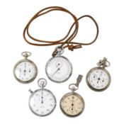 Five assorted base metal cased pedometers to include two Nero Lemania and one retailed by E.B.