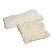 Two ornately designed tape lace bed covers, white cover 152cm x 236cm, beige cover 176cm x 364cm