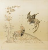 A large Japanese embroidered ‘fighting cockerels’ panel, Meiji period, signed Kawauchi, dated August