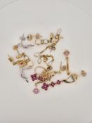 Seven assorted pairs of modern 9ct and gem set earrings, including ruby and diamond pear shaped