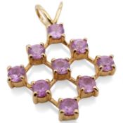A recent 18ct gold and nine stone pink sapphire set diamond shaped pendant, overall 23mm, gross