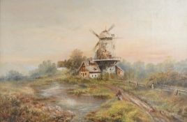 Dutch School, riverscape with windmill, unsigned, oil on canvas, gilt framed, 29 x 44cm