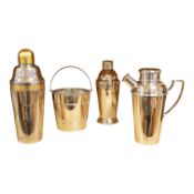 A mid 20th century silver plated patent cocktail shaker with recipes, two other cocktail shakers and