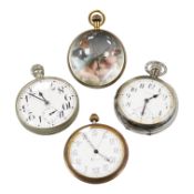 An erotic globe watch, a base metal open faced 8 day keyless pocket watch and two car dashboard