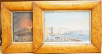 Neapolitan School, Mount Vesuvius erupting and a coastal promenade, pair of naive gouaches, maple