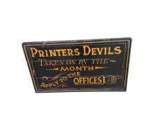 Two reproduction painted wood shop signs, larger width 66cm, height 93cm