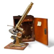 A mid 19th century brass compound monocular microscope, by J & C Robbins, 9, Bartholomew Close,