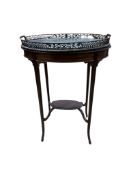 An Edwardian oval galleried tea tray on associated stand, width 59cm, depth 39cm, height 78cm