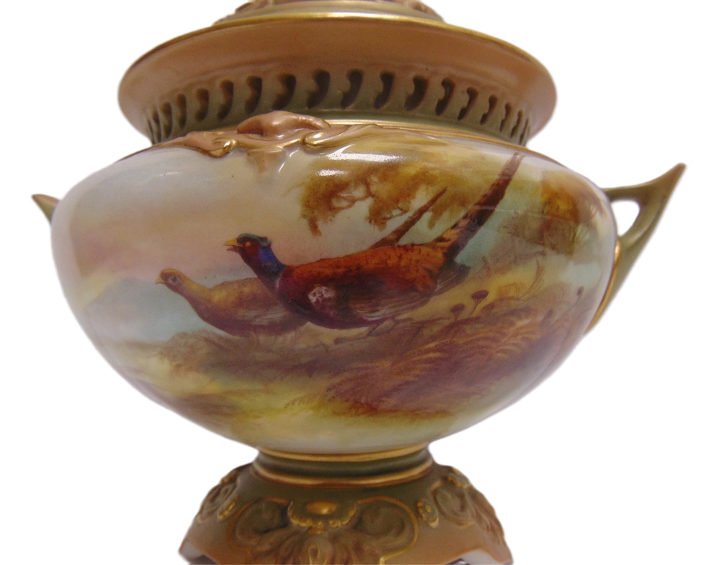 A ROYAL WORCESTER COVERED POT POURRI VASE dated 1905, painted with a