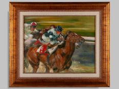 A horse racing oil painting by Clare Eva Burton.