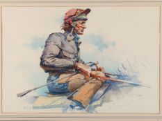 Watercolour of a work rider by Peter Curling.