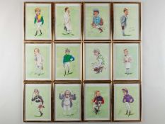A group of twelve signed John Ireland caricature prints of horse racing personalities.