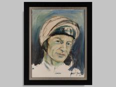 An oil painting portrait of Lester Piggott by the Newmarket-resident artist Jacquie Jones.