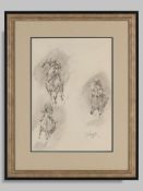 Peter Curling, pencil studies of three racehorses and jockeys.