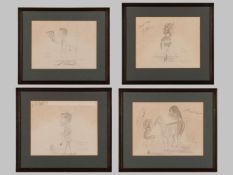 Four signed caricature drawings of racing personalities by the racecourse Tic Tac man Keith Self.