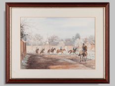 Watercolour of a horse racing training yard.