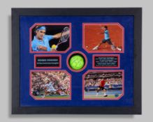 Roger Federer a signed Federer tennis ball, in common-mount, framed, 44 x 56cm