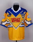 A yellow and blue Leeds Rugby league autographed shirt&nbsp;