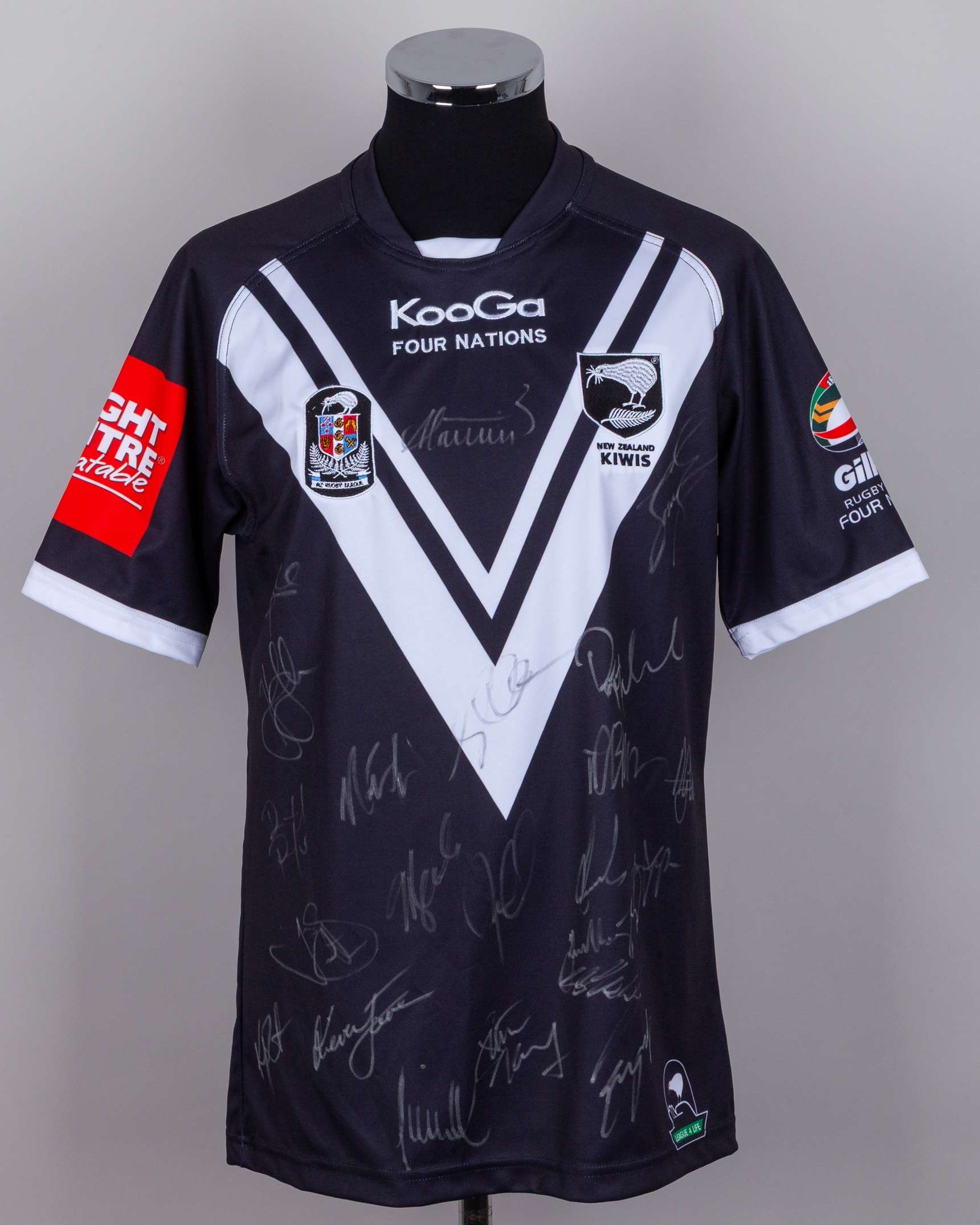 Two black and white New Zealand Rugby League autographed short-sleeved shirts