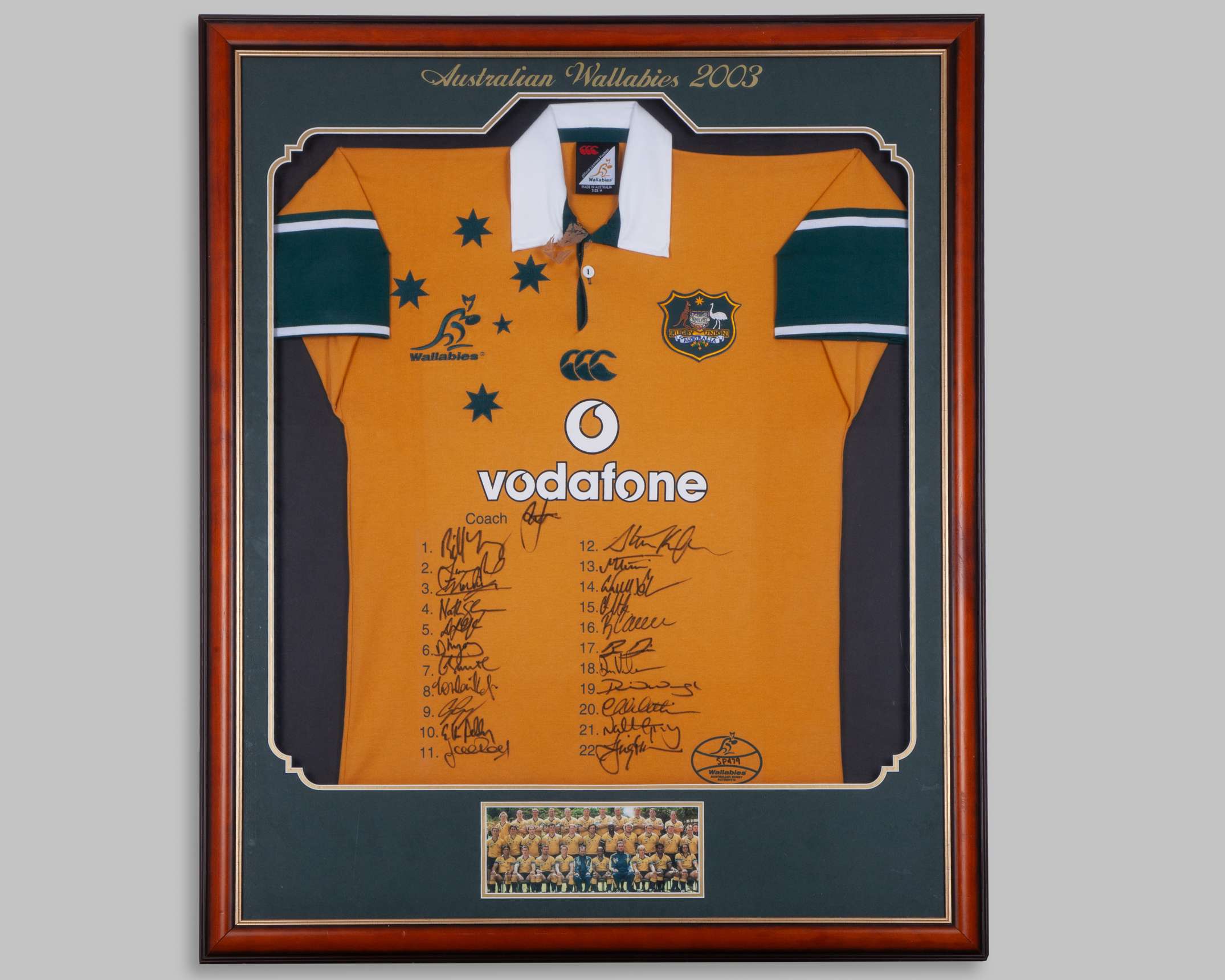 A replica Australia 2003 rugby union autographed shirt