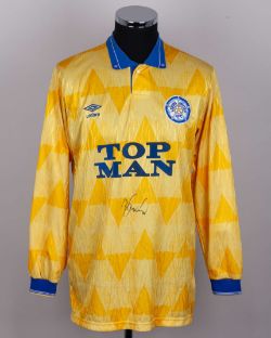 Gary Speed yellow and blue No.11 Leeds United match worn long-sleeved shirt, 1990