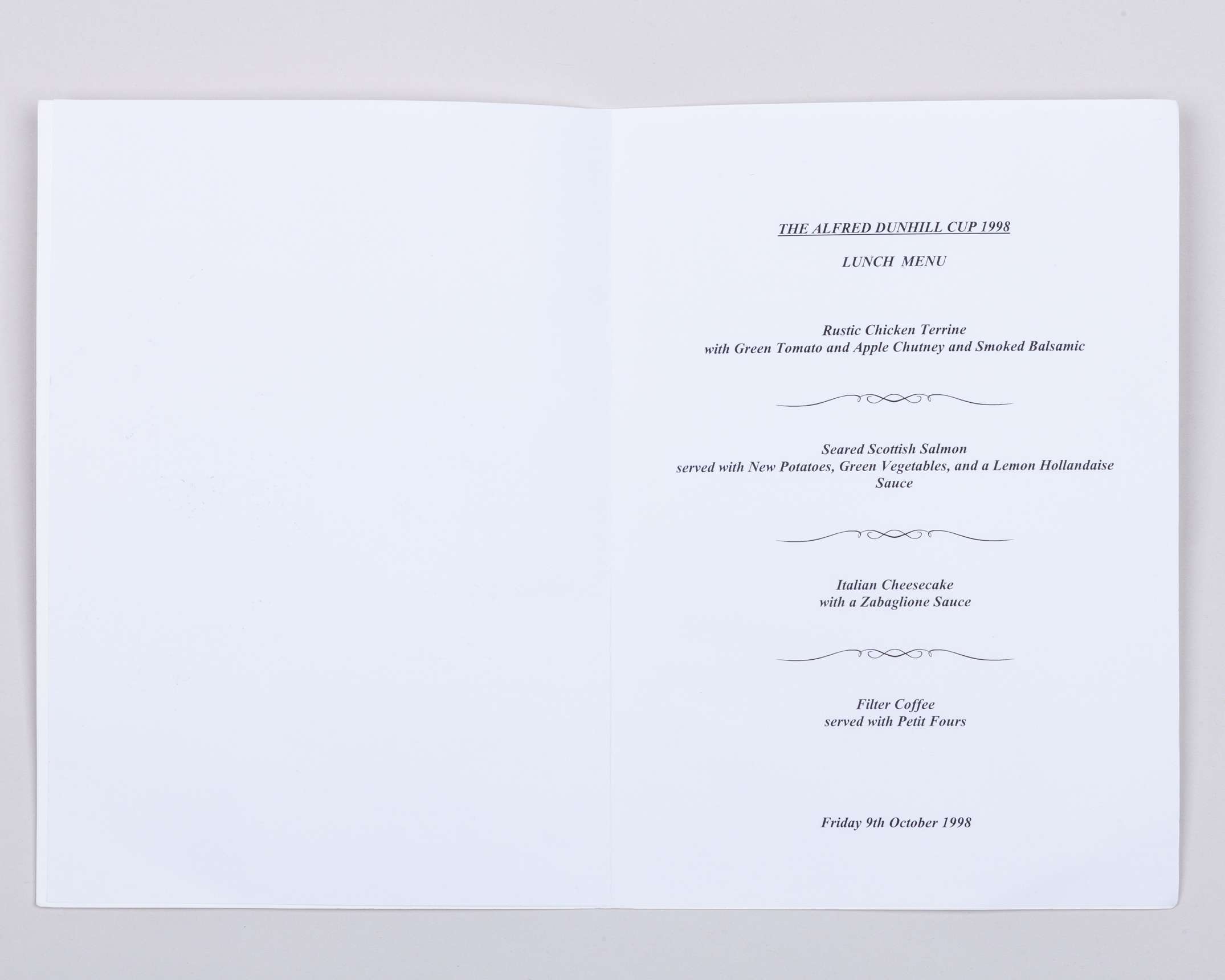 Tiger Woods, John Daly and Mark O'Meara autographed The Alfred Dunhill Cup menu, 1998 - Image 3 of 4