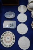 An Eric Ravilious alphabet plate, four Royal Copenhagen bisque plaques, and two dishes Condition