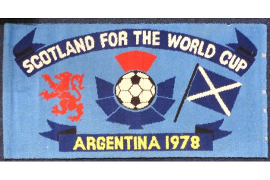 A vintage Argentina 1978 World Cup rug, with banner reading "Scotland for the World Cup" Condition