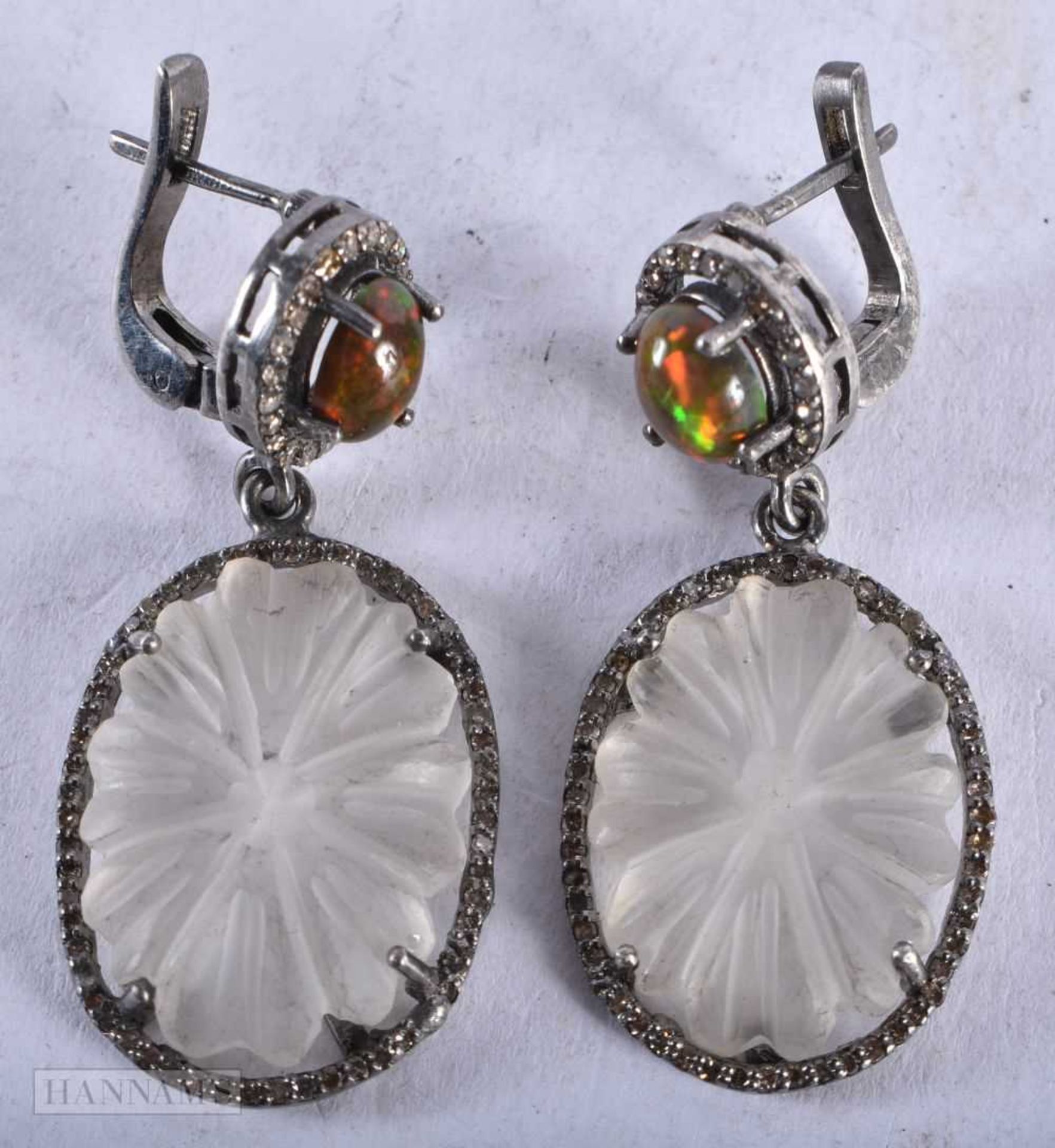 A Pair of Opal, Diamond and Rock Crystal Earrings. 4.3cm x 1.9cm, weight 12g