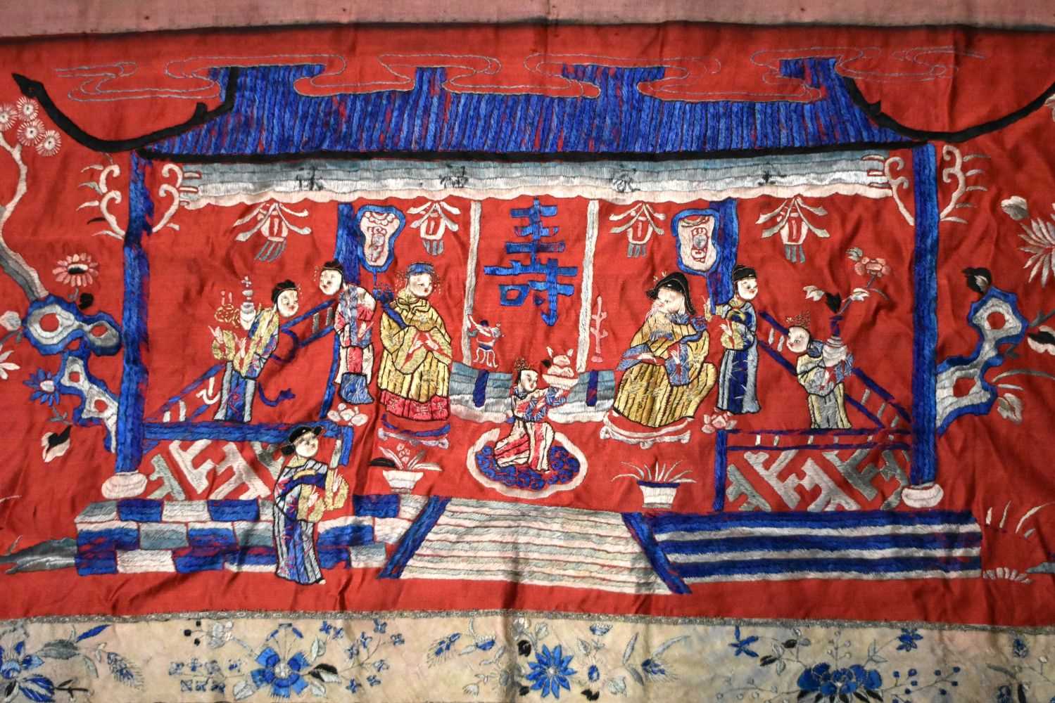 A LARGE 19TH CENTURY CHINESE SILK EMBROIDERED RED PANEL Qing, decorated with figures in a landscape. - Image 6 of 9