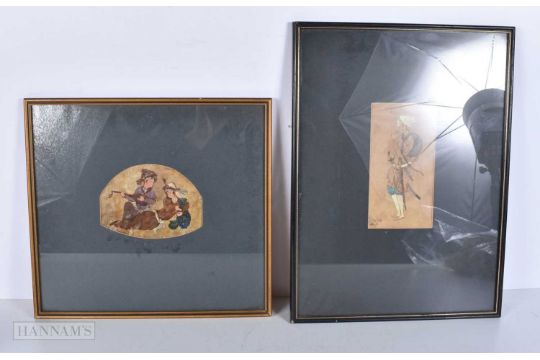 A framed Iranian watercolour of a male warrior together with a framed Oil of a musician 17 x 9cm ( - Image 1 of 6