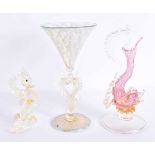 A VENETIAN GLASS FISH EWER together with a similar cup & a seahorse. Largest 17 cm high. (3)