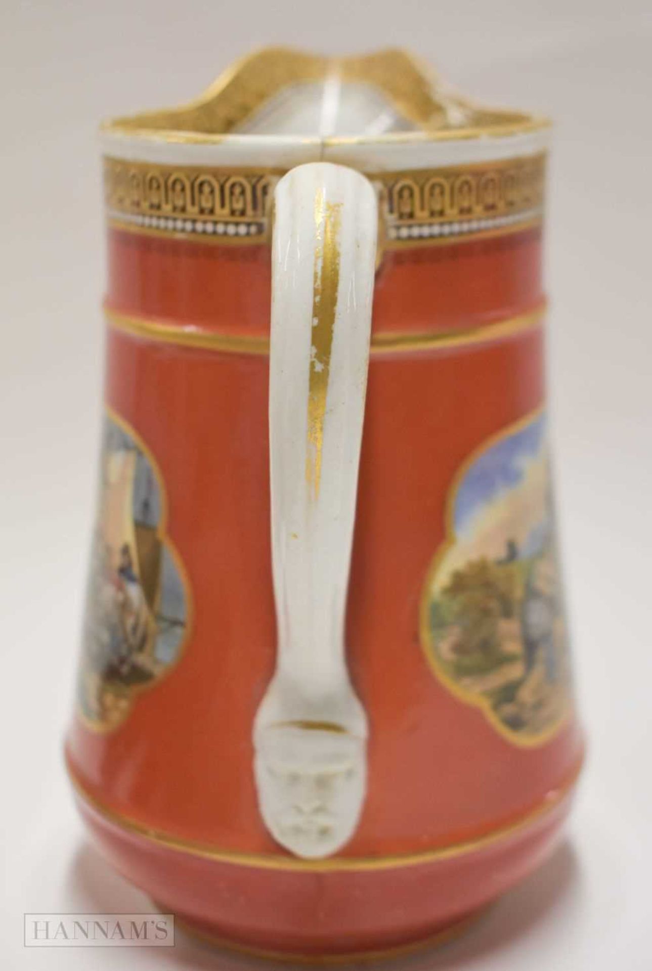 19th century Prattware type jug decorated on both sides with two river scenes, and three pot lids - Image 4 of 10