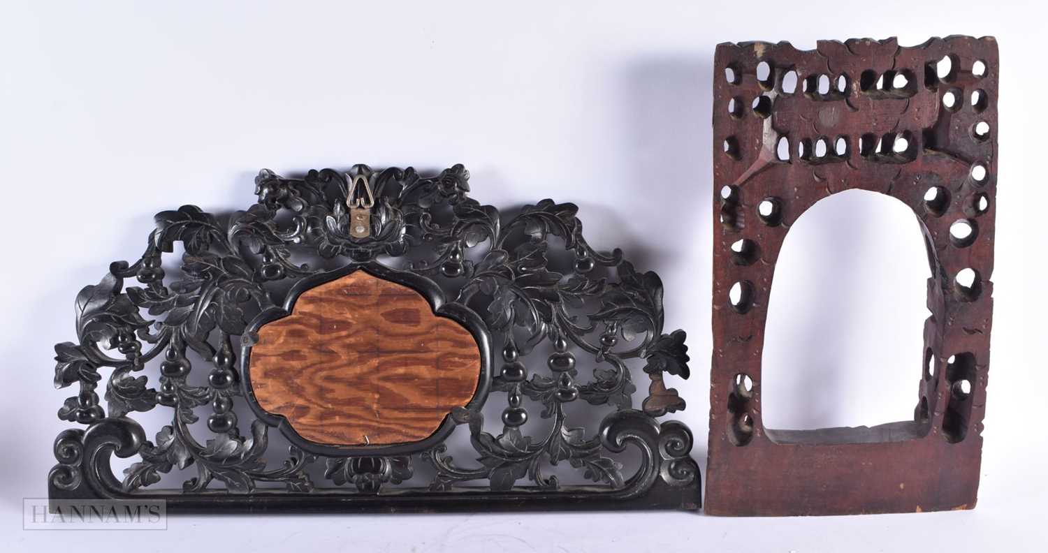 A 19TH CENTURY CHINESE CARVED HARDWOOD AND SILK PANEL together with a hardwood gong stand. Largest - Image 6 of 6