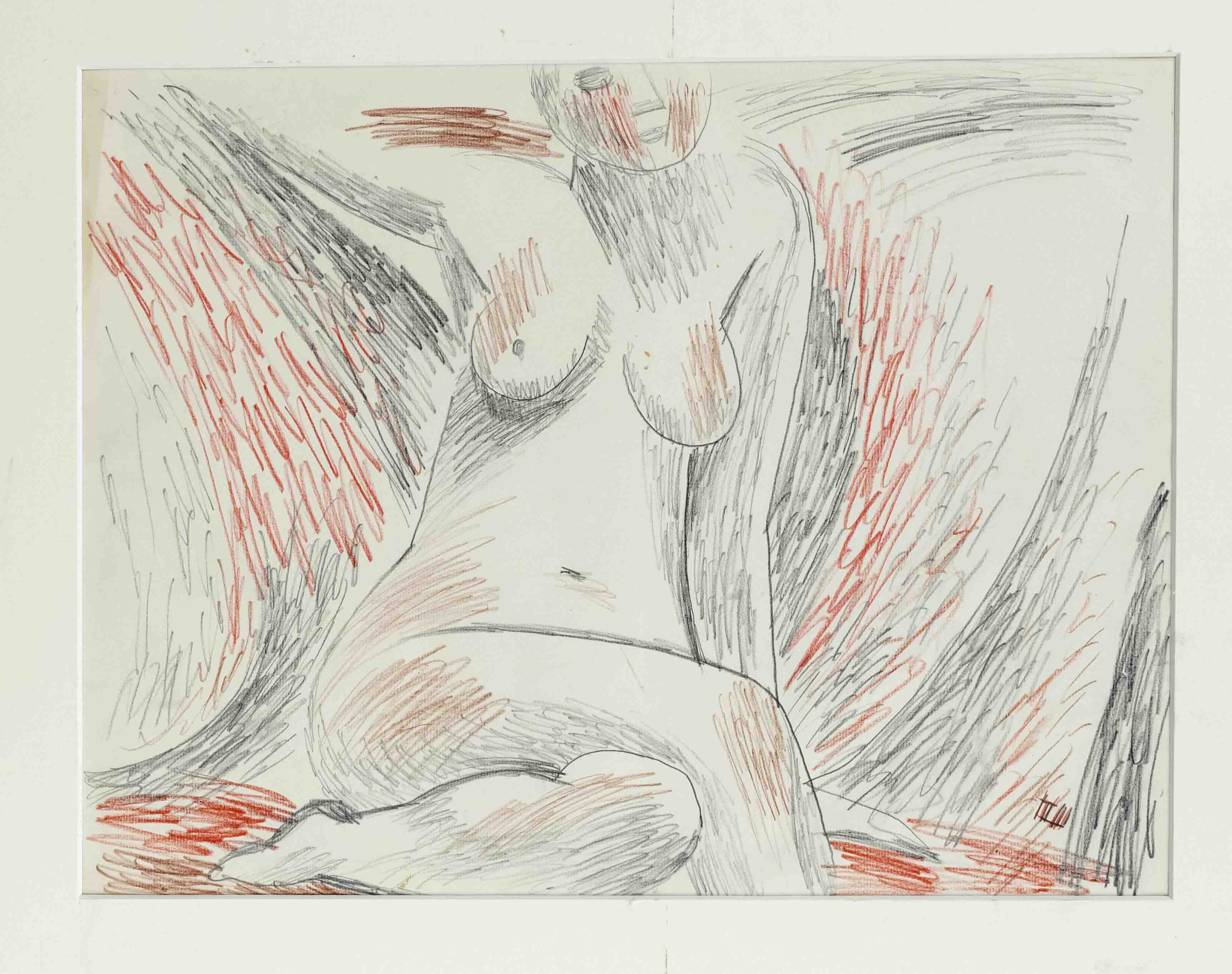 Tamara Chilovskaia (1916-2000), Russian artist, female nude, pencil and crayon drawing on paper,