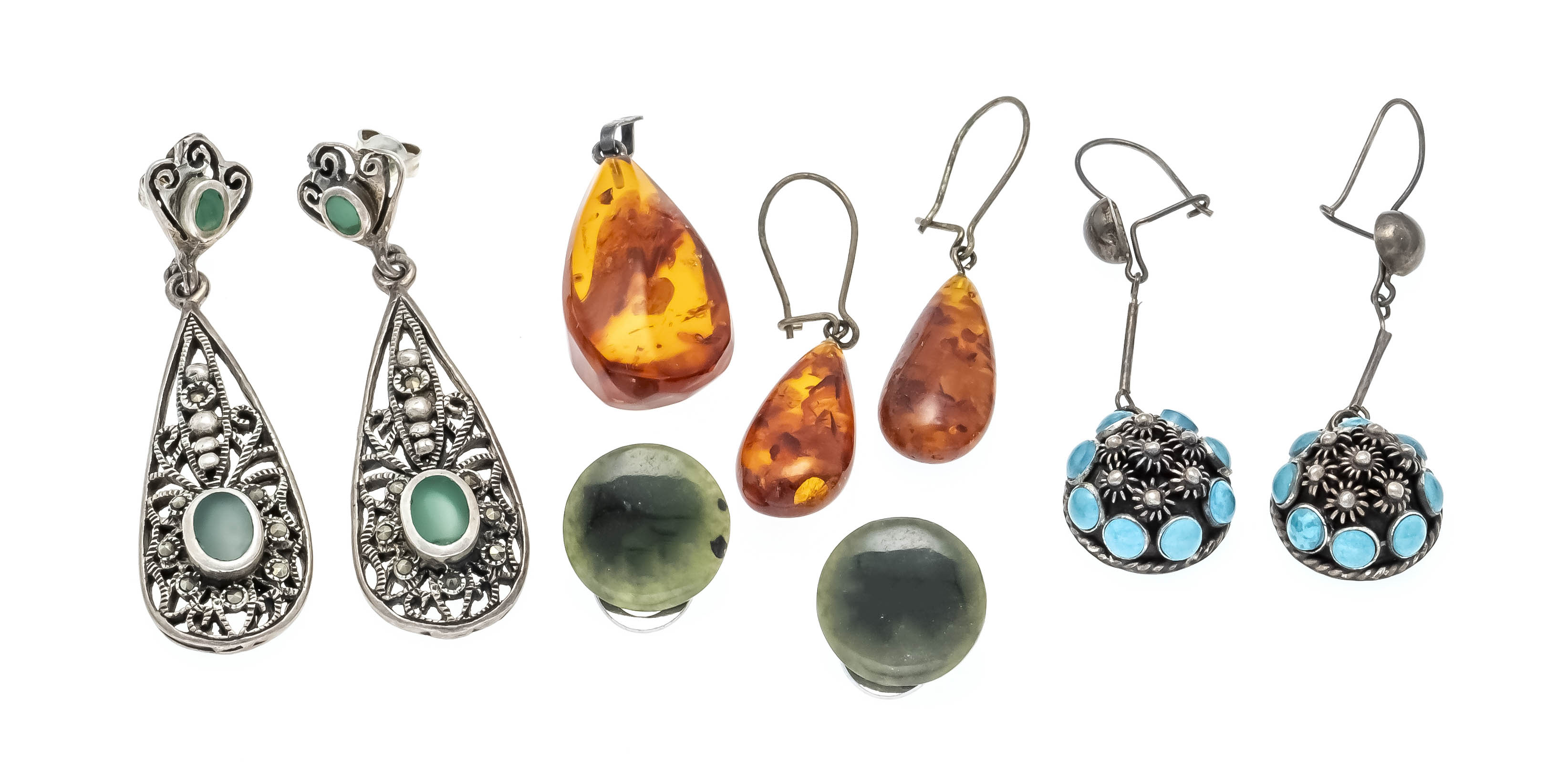 5-piece set of silver, 4 pairs of earrings and 1 pendant, with gemstones, including amber, turquoise