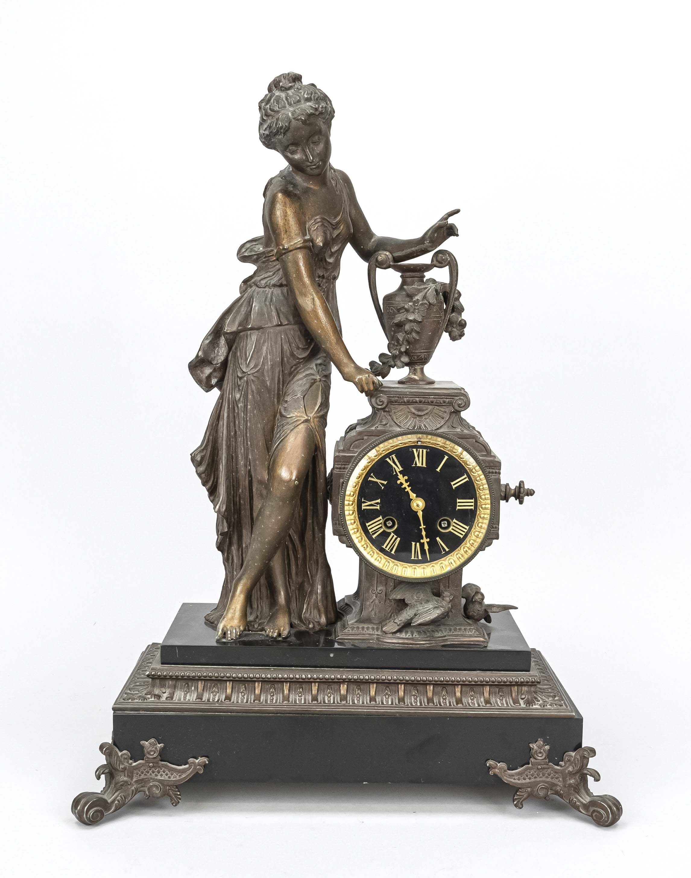 Figure pendulum, France 2nd half 19th century, woman leaning on the clock block with 2 birds at