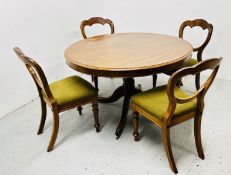 A CIRCULAR TILT TOP VICTORIAN PEDESTAL BREAKFAST TABLE ACCOMPANIED BY A SET OF FOUR VICTORIAN