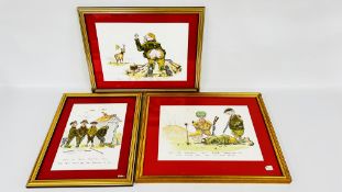 A SET OF 3 FRAMED AND MOUNTED ORIGINAL HUMOROUS SKETCHES RELATING TO HUNTING / SHOOTING.