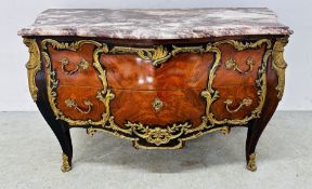 A REPRODUCTION FRENCH LOUIS XV STYLE BOMBE CHEST WITH MARBLE TOP WIDTH 138CM D 57CM H 86CM.