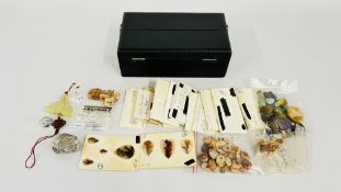 A BOX CONTAINING AN EXTENSIVE COLLECTION OF LOOSE SEMI PRECIOUS STONES TO INCLUDE MOONSTONES, OPAL,