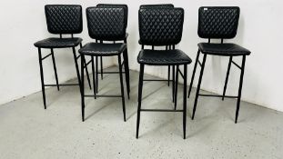 SIX INDUSTRIAL BLACK FAUX LEATHER QUILTED BREAKFAST/BAR STOOLS