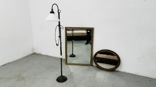 TWO GILT FRAMED WALL MIRRORS ALONG WITH AN ADJUSTABLE MODERN FLOOR LAMP WITH GLASS SHADE - SOLD AS