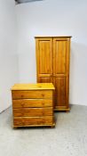 HONEY PINE TWO DOOR WARDROBE W 82 X D 51 X H 177CM + A HONEY PINE 4 DRAWER CHEST D 43 X W 80 X H