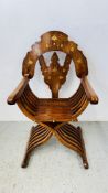 A HARD WOOD AND BRASS INLAY EASTERN THRONE CHAIR.