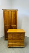 HONEY PINE TWO DOOR WARDROBE W 82 X D 51 X H 177CM + A HONEY PINE 4 DRAWER CHEST D 43 X W 80 X H
